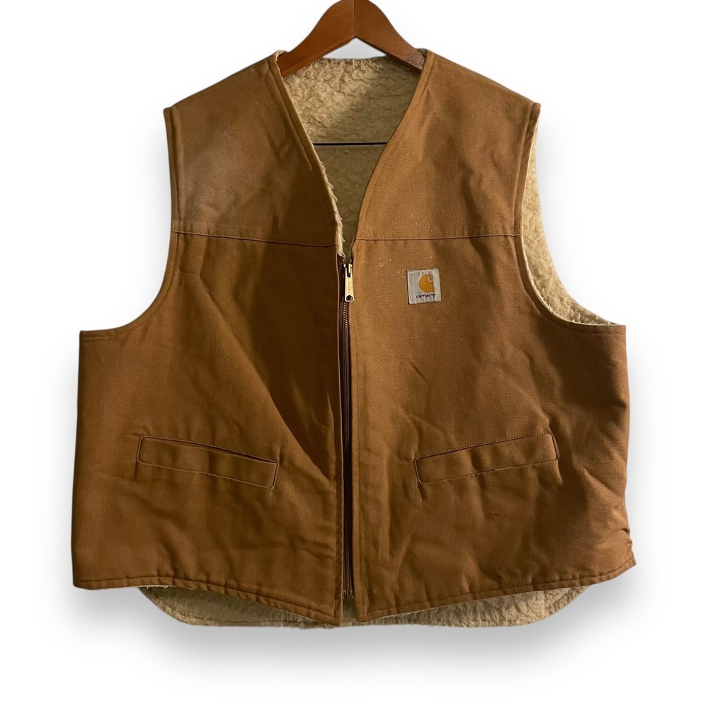 Vintage CARHARTT Brown Duck Vest Sherpa Lined 6SV Hunting USA 2XL Distressed